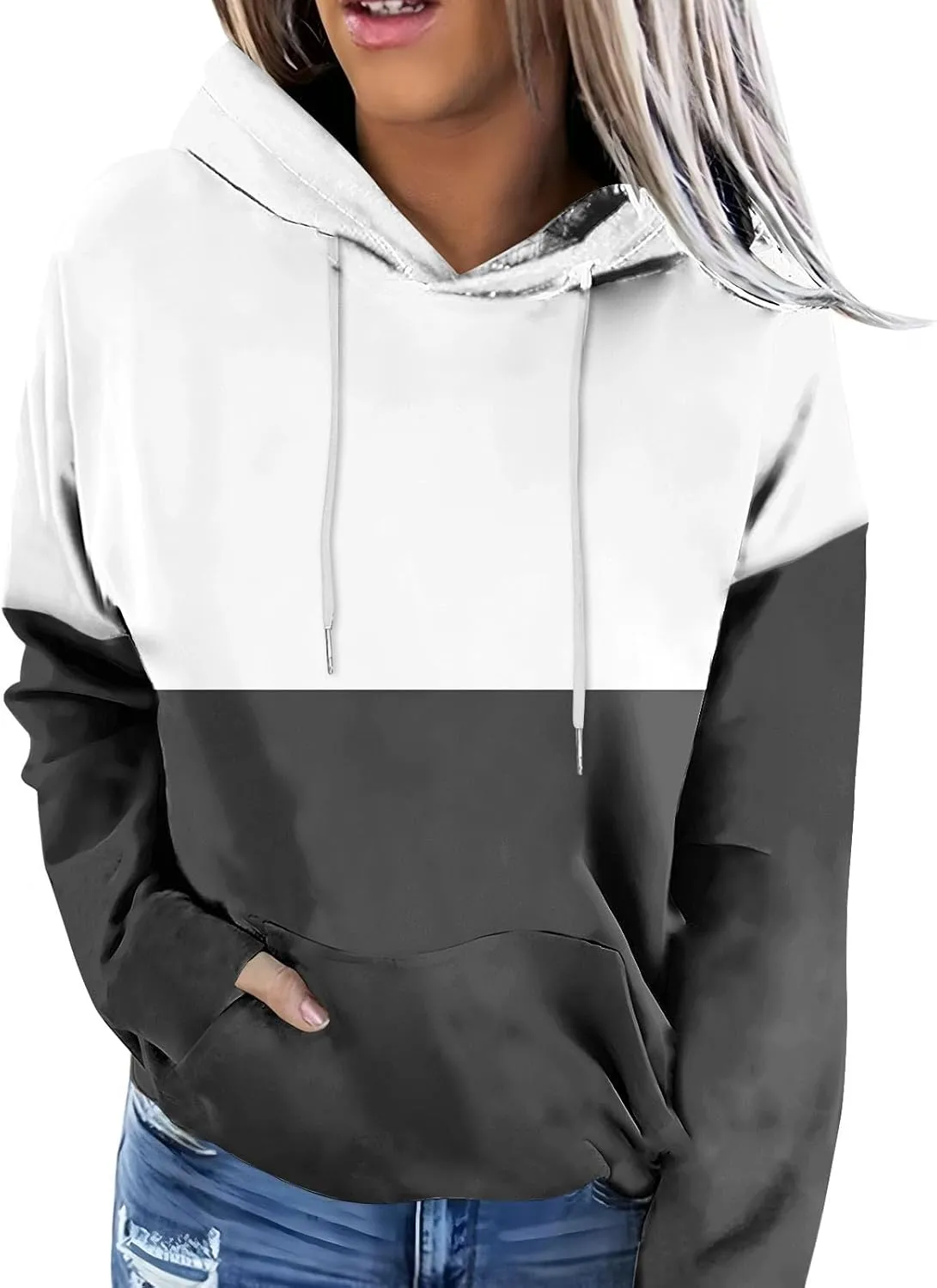 2024 Fall Hoodies for Women Drawstring Colorblock Long Sleeves Hooded Clothes Fashion Loose Fit Cozy Tops With Pocket