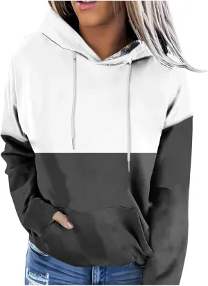 2024 Fall Hoodies for Women Drawstring Colorblock Long Sleeves Hooded Clothes Fashion Loose Fit Cozy Tops With Pocket