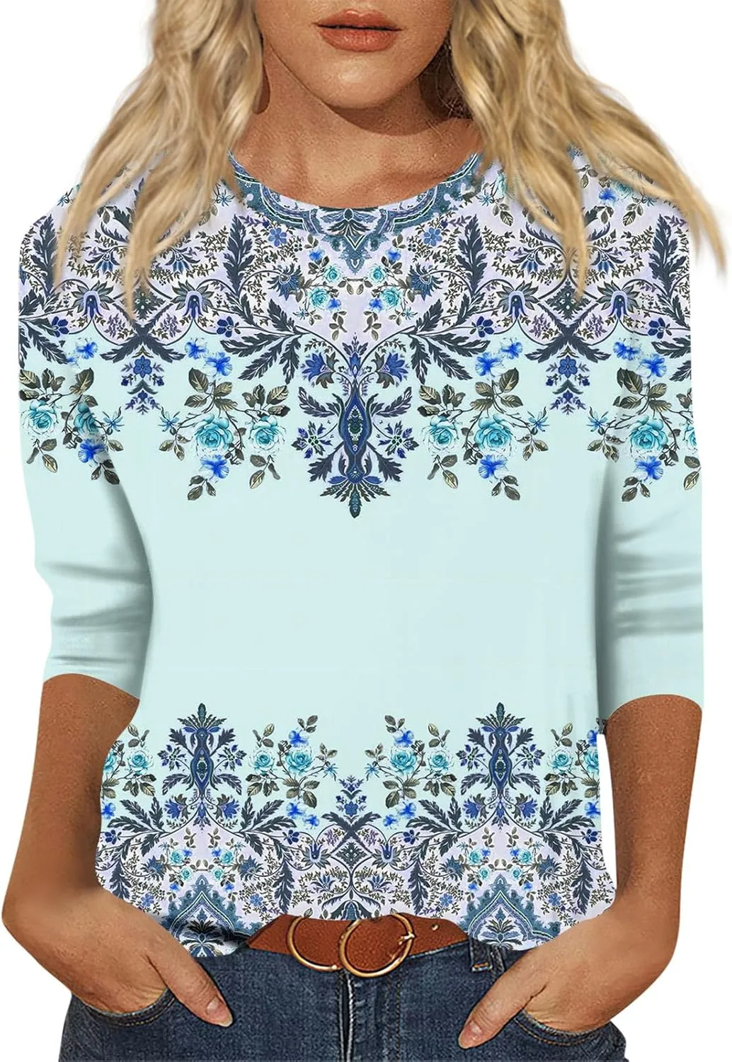 3/4 Length Sleeve Womens Tops Crewneck Shirts Business Dressy Casual Tunic Blouses Summer Basic Tees