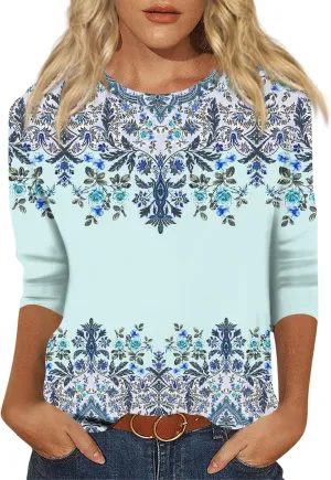 3/4 Length Sleeve Womens Tops Crewneck Shirts Business Dressy Casual Tunic Blouses Summer Basic Tees