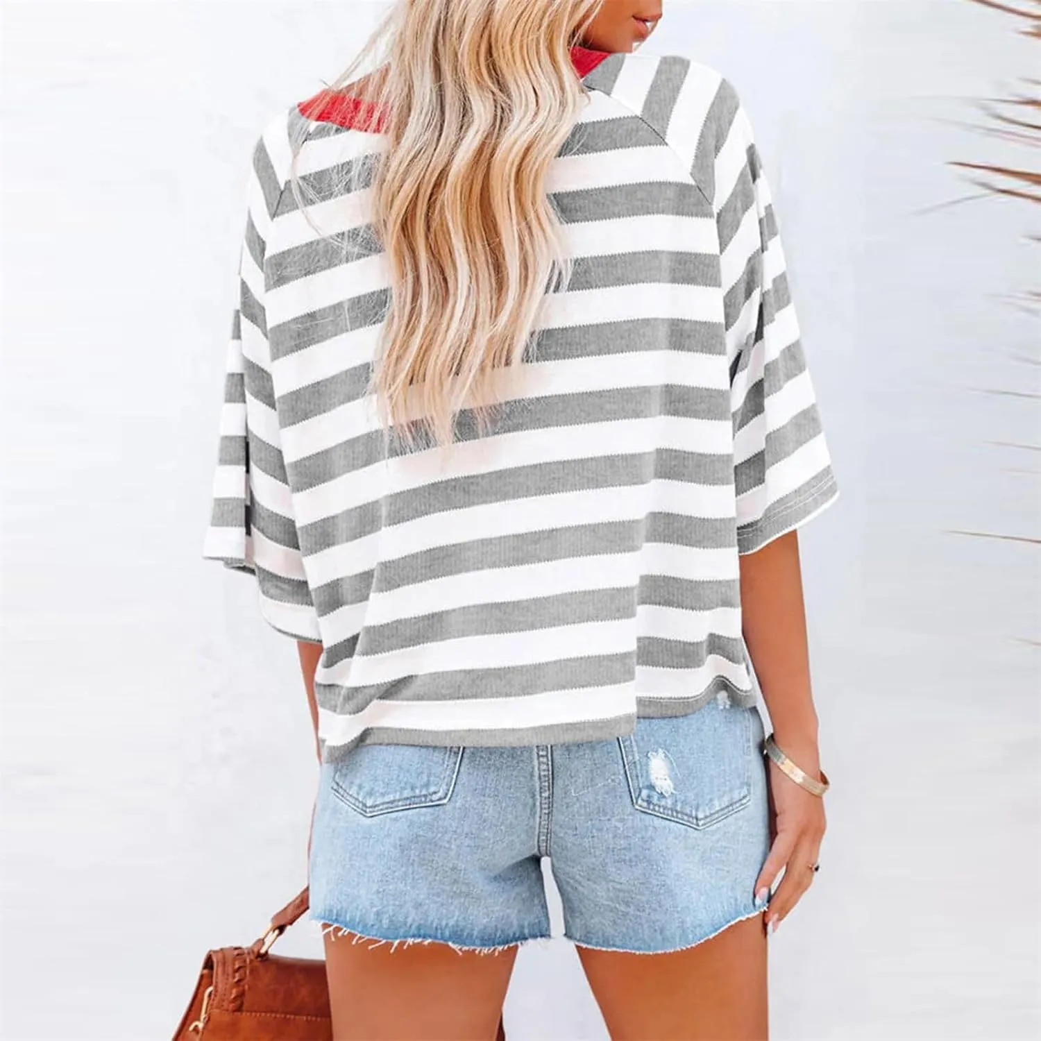 3/4 Length Sleeve Womens Tops Oversized Striped Color Block Tshirts Crew Neck T-Shirt Casual Loose Pullover