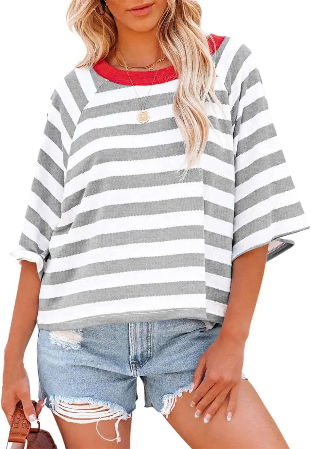 3/4 Length Sleeve Womens Tops Oversized Striped Color Block Tshirts Crew Neck T-Shirt Casual Loose Pullover