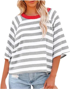 3/4 Length Sleeve Womens Tops Oversized Striped Color Block Tshirts Crew Neck T-Shirt Casual Loose Pullover