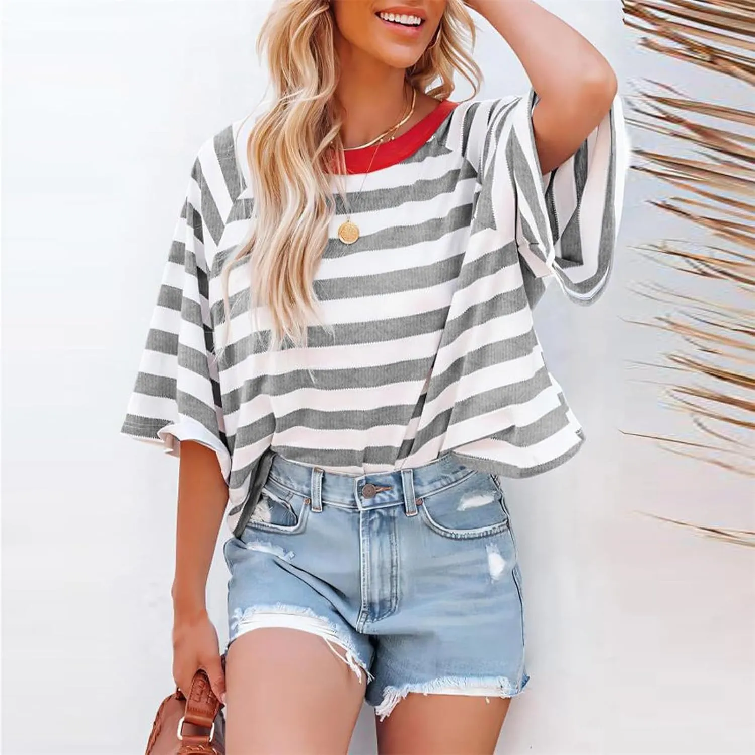 3/4 Length Sleeve Womens Tops Oversized Striped Color Block Tshirts Crew Neck T-Shirt Casual Loose Pullover