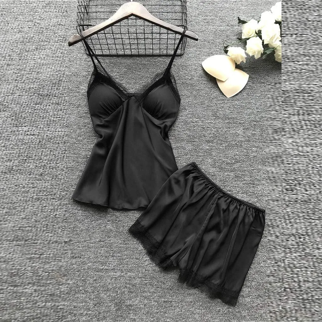 4Pcs Silk Satin Pajama Set for Women Sexy Lace Trim Cami Top Lingerie Dress and Shorts with Robe Soft Comfy Sleepwear