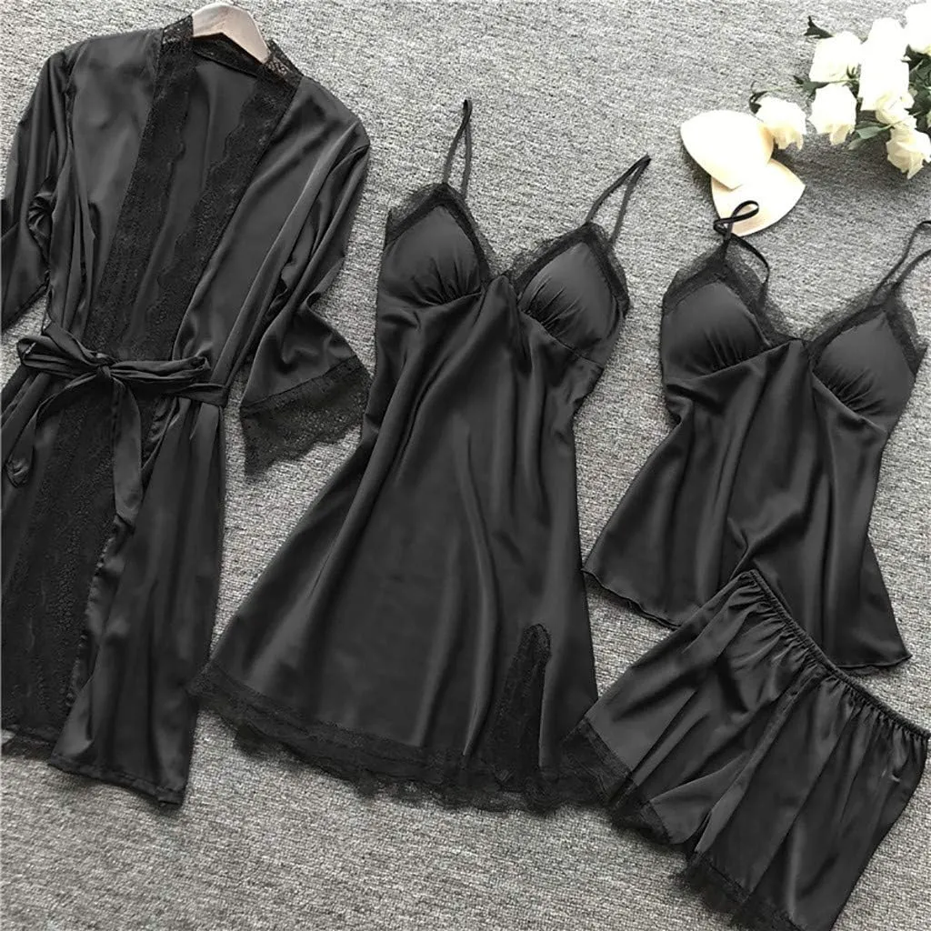 4Pcs Silk Satin Pajama Set for Women Sexy Lace Trim Cami Top Lingerie Dress and Shorts with Robe Soft Comfy Sleepwear