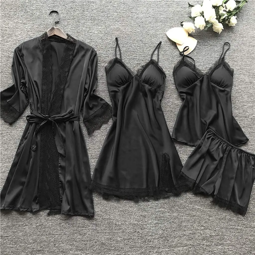 4Pcs Silk Satin Pajama Set for Women Sexy Lace Trim Cami Top Lingerie Dress and Shorts with Robe Soft Comfy Sleepwear