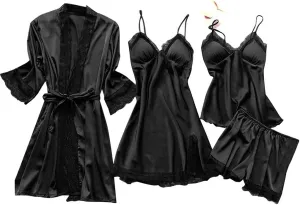 4Pcs Silk Satin Pajama Set for Women Sexy Lace Trim Cami Top Lingerie Dress and Shorts with Robe Soft Comfy Sleepwear
