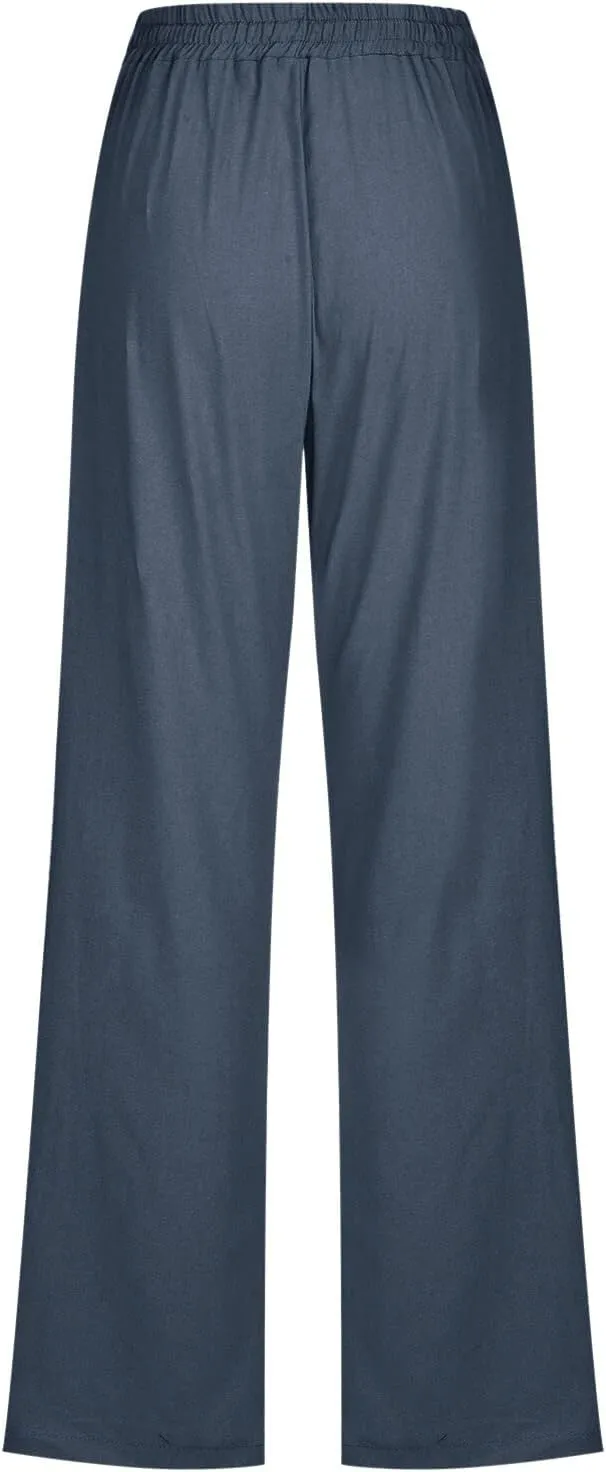 aihihe Linen Pants for Women Casual Summer Drawstring Elastic High Waist Yoga Pants Loose Fit Comfy Straight Leg Palazzo Pant
