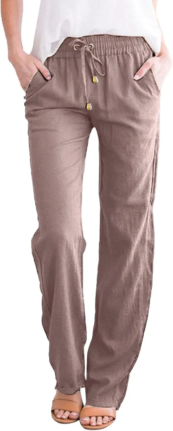 aihihe Linen Pants for Women Casual Summer Drawstring Elastic High Waist Yoga Pants Loose Fit Comfy Straight Leg Palazzo Pant