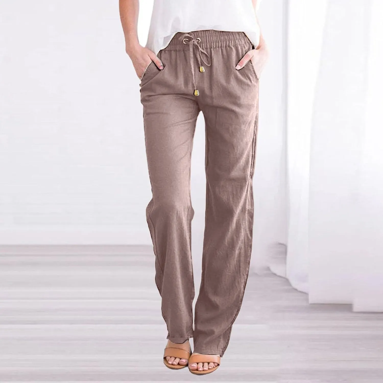 aihihe Linen Pants for Women Casual Summer Drawstring Elastic High Waist Yoga Pants Loose Fit Comfy Straight Leg Palazzo Pant