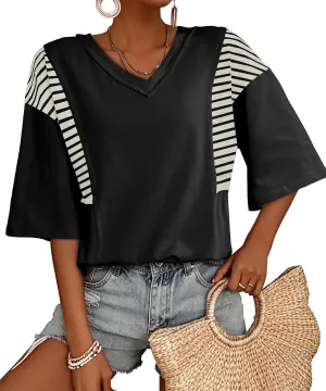 AlvaQ Women Shirt Casual Short Sleeve Summer Tops Striped V Neck Basic Tees Trendy 2025 Outfit