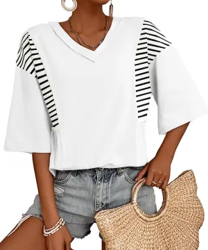AlvaQ Women Shirt Casual Short Sleeve Summer Tops Striped V Neck Basic Tees Trendy 2025 Outfit