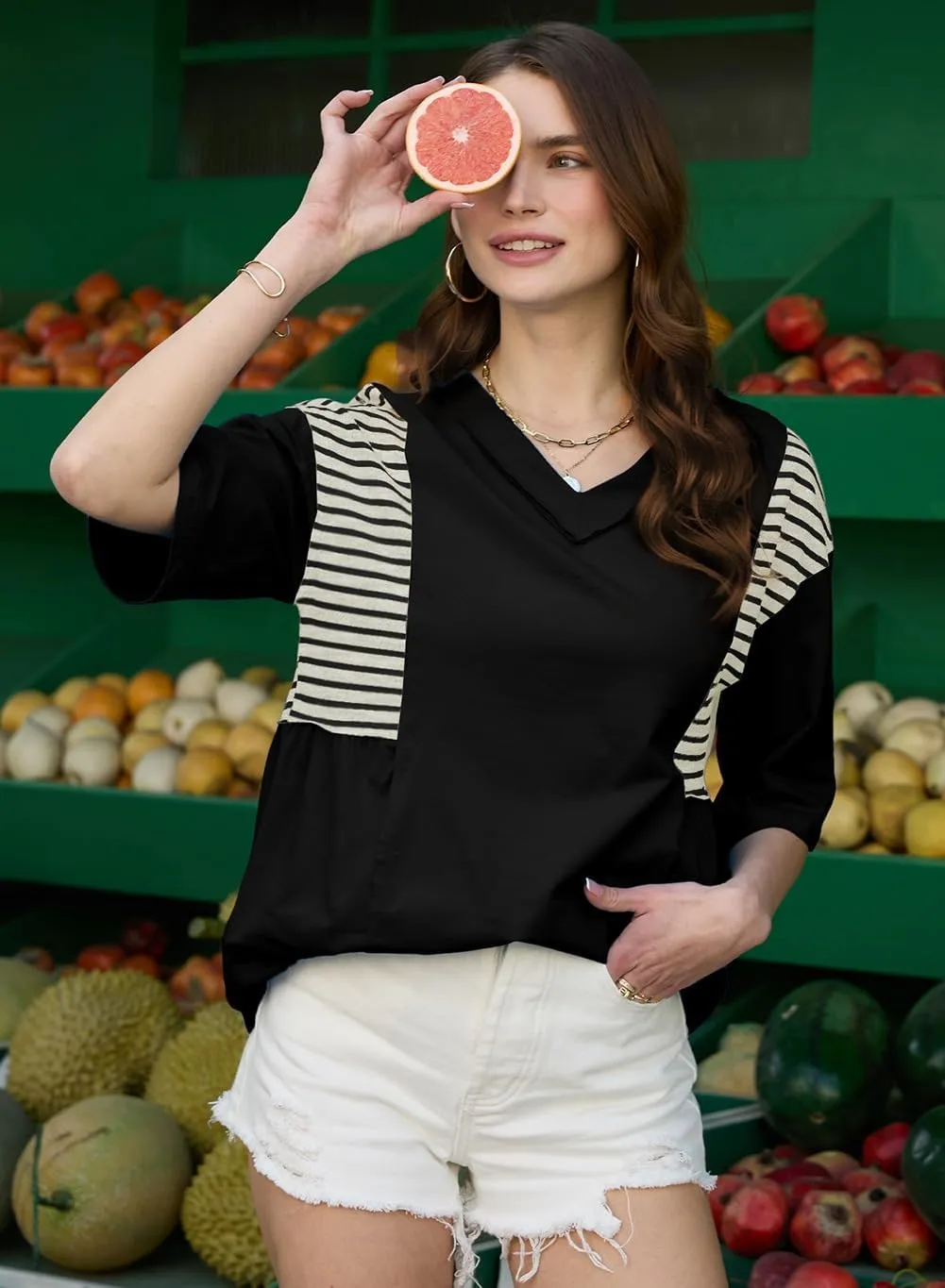 AlvaQ Women Shirt Casual Short Sleeve Summer Tops Striped V Neck Basic Tees Trendy 2025 Outfit