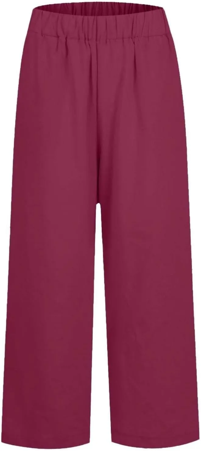 Ankle Linen Pants Women 2024 Summer Beach Lightweight Casual Straight Leg Cropped Pants Elastic Solid Lounge Trousers