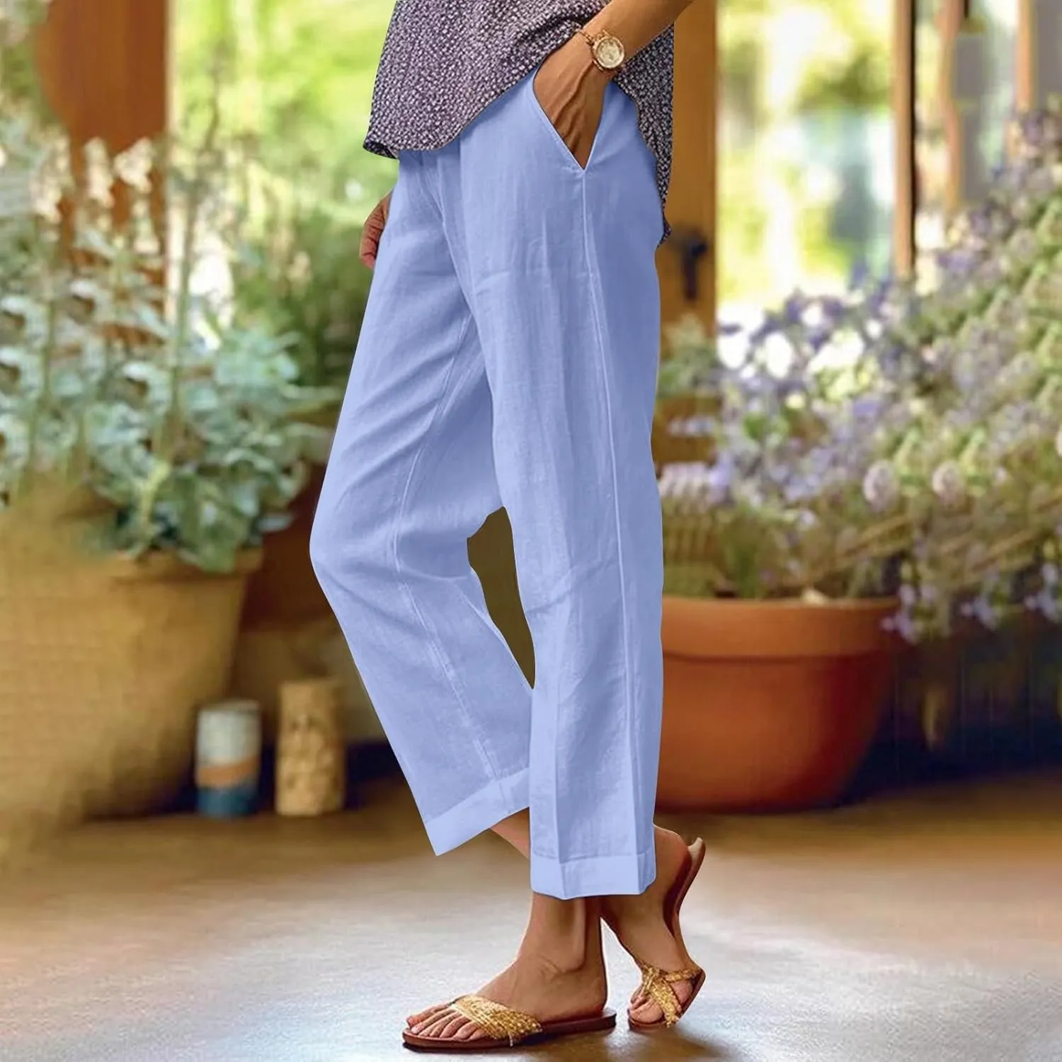 Ankle Linen Pants Women 2024 Summer Beach Lightweight Casual Straight Leg Cropped Pants Elastic Solid Lounge Trousers