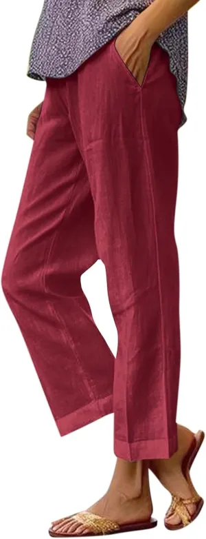 Ankle Linen Pants Women 2024 Summer Beach Lightweight Casual Straight Leg Cropped Pants Elastic Solid Lounge Trousers