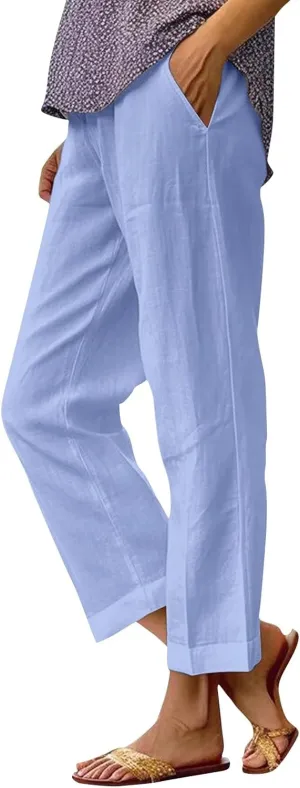 Ankle Linen Pants Women 2024 Summer Beach Lightweight Casual Straight Leg Cropped Pants Elastic Solid Lounge Trousers