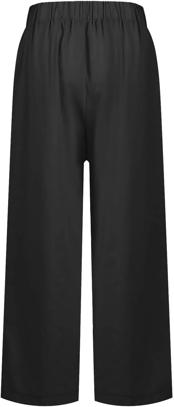 Ankle Linen Pants Women 2024 Summer Beach Lightweight Casual Straight Leg Cropped Pants Elastic Solid Lounge Trousers