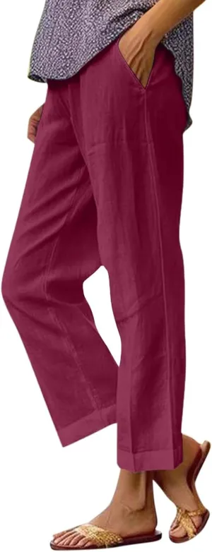 Ankle Linen Pants Women 2024 Summer Beach Lightweight Casual Straight Leg Cropped Pants Elastic Solid Lounge Trousers