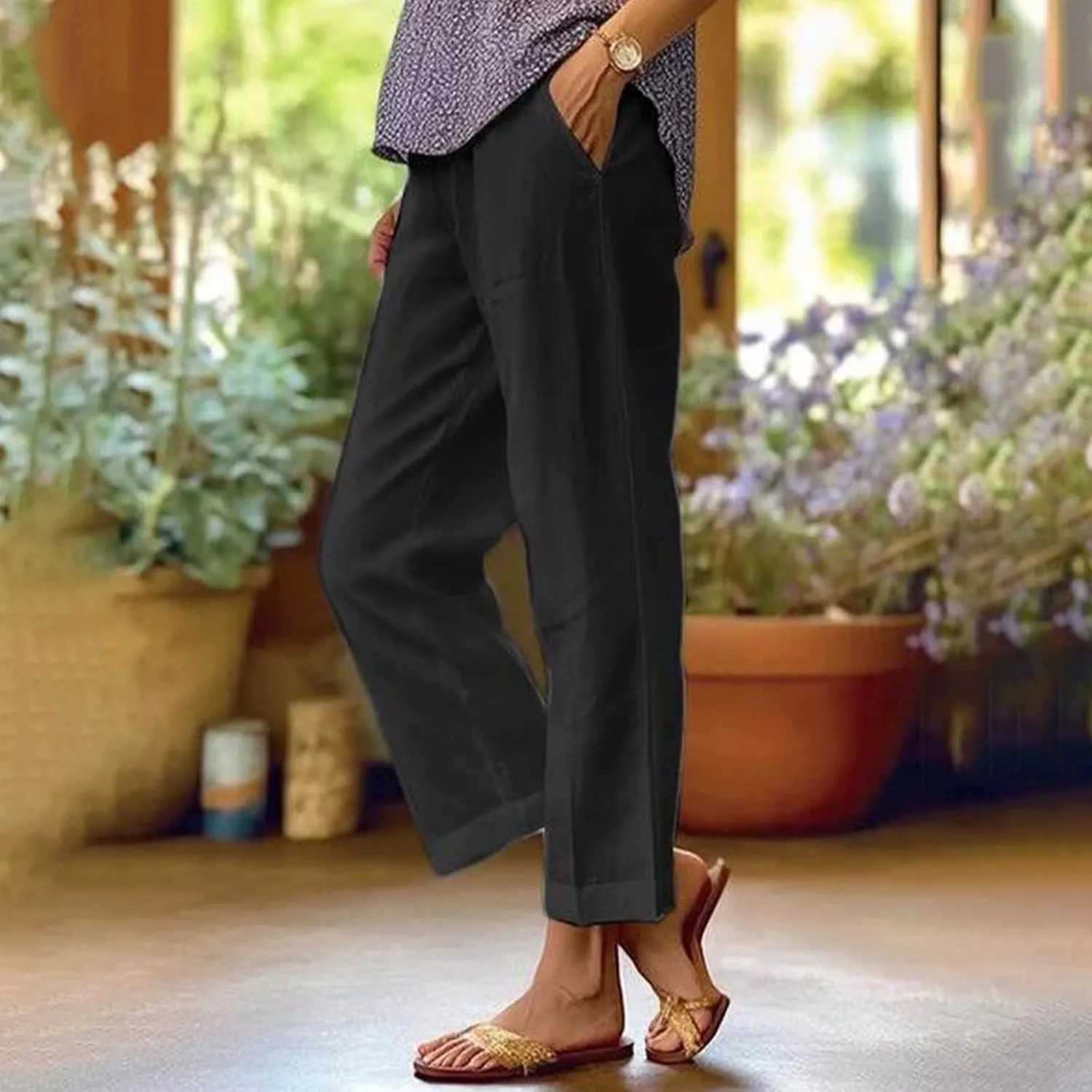 Ankle Linen Pants Women 2024 Summer Beach Lightweight Casual Straight Leg Cropped Pants Elastic Solid Lounge Trousers