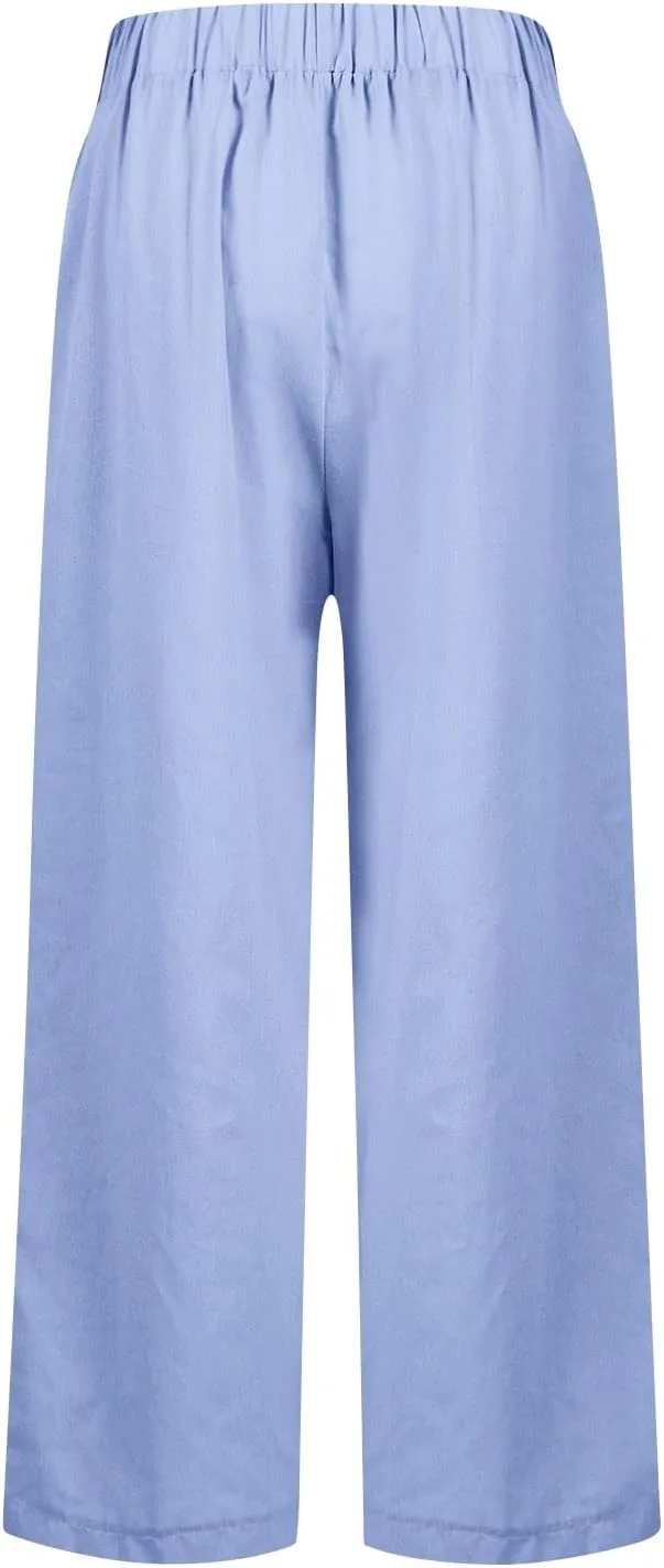 Ankle Linen Pants Women 2024 Summer Beach Lightweight Casual Straight Leg Cropped Pants Elastic Solid Lounge Trousers