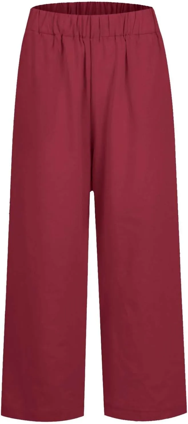 Ankle Linen Pants Women 2024 Summer Beach Lightweight Casual Straight Leg Cropped Pants Elastic Solid Lounge Trousers