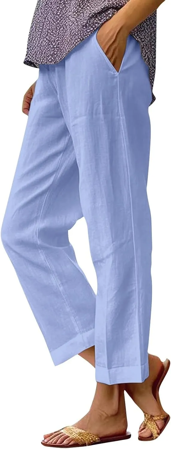 Ankle Linen Pants Women 2024 Summer Beach Lightweight Casual Straight Leg Cropped Pants Elastic Solid Lounge Trousers