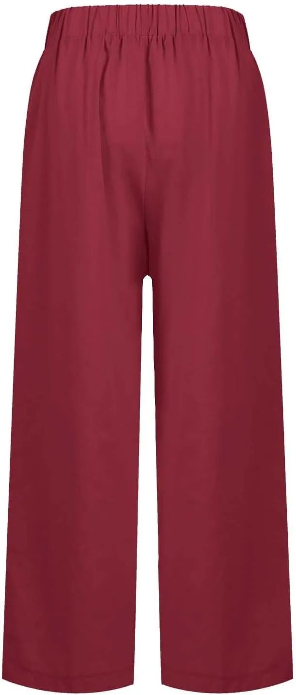 Ankle Linen Pants Women 2024 Summer Beach Lightweight Casual Straight Leg Cropped Pants Elastic Solid Lounge Trousers