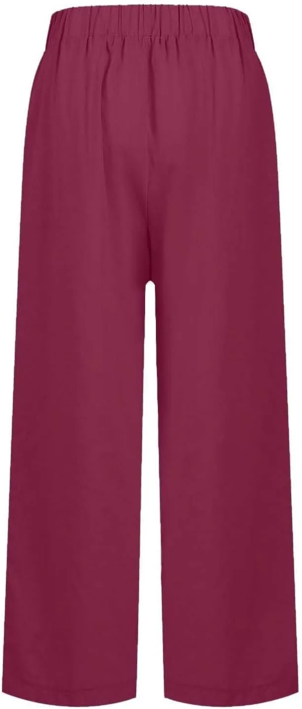 Ankle Linen Pants Women 2024 Summer Beach Lightweight Casual Straight Leg Cropped Pants Elastic Solid Lounge Trousers