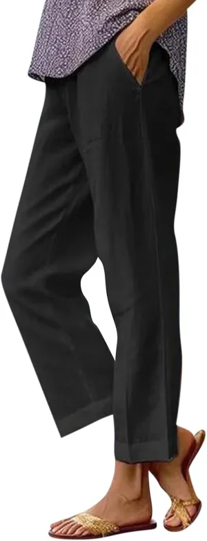 Ankle Linen Pants Women 2024 Summer Beach Lightweight Casual Straight Leg Cropped Pants Elastic Solid Lounge Trousers