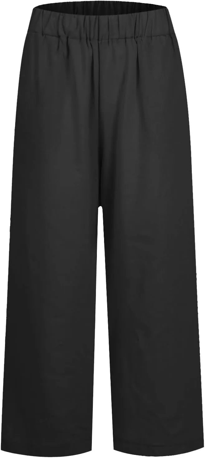 Ankle Linen Pants Women 2024 Summer Beach Lightweight Casual Straight Leg Cropped Pants Elastic Solid Lounge Trousers