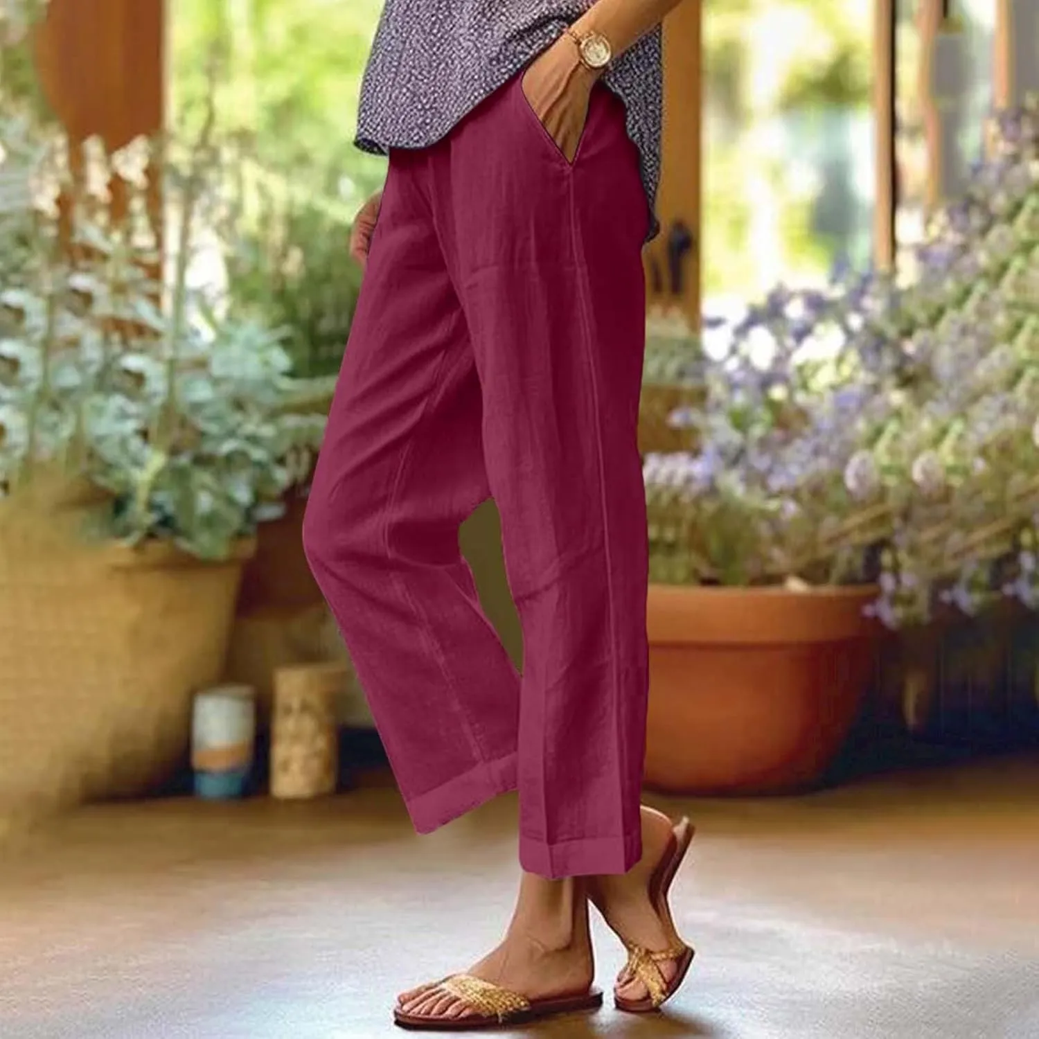 Ankle Linen Pants Women 2024 Summer Beach Lightweight Casual Straight Leg Cropped Pants Elastic Solid Lounge Trousers