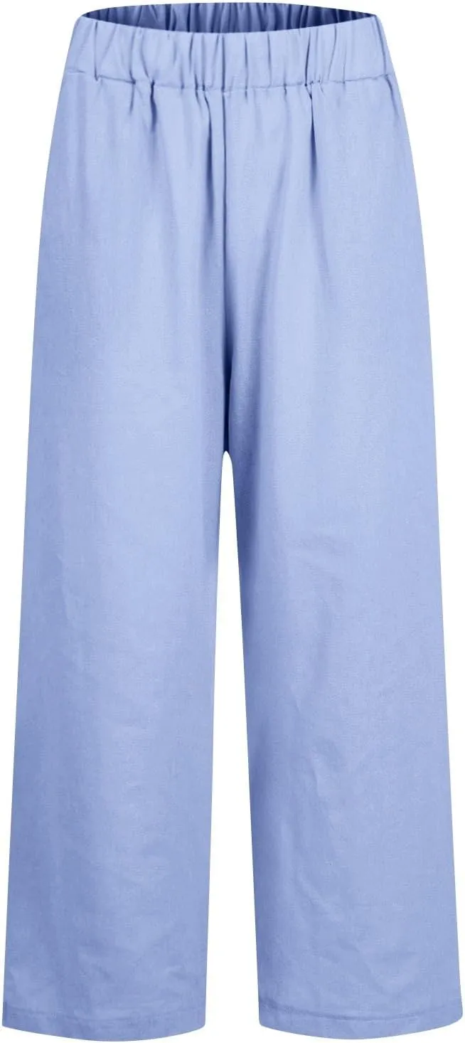 Ankle Linen Pants Women 2024 Summer Beach Lightweight Casual Straight Leg Cropped Pants Elastic Solid Lounge Trousers