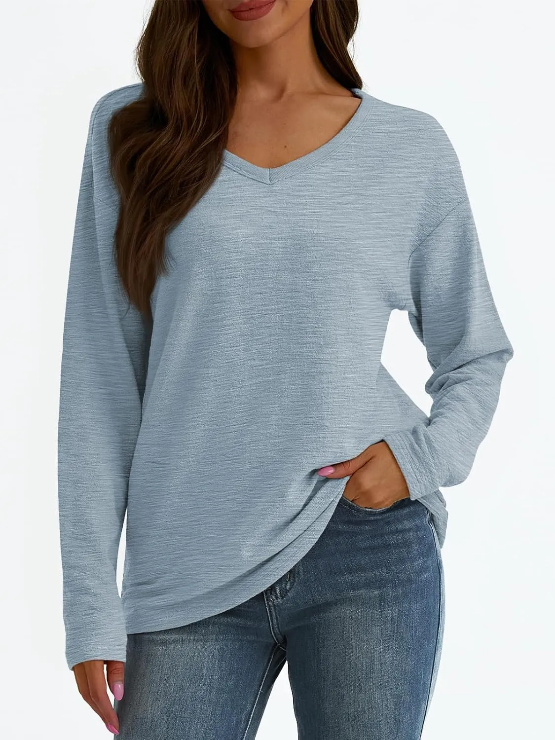 AUTOMET Women's Long Sleeve Oversized Tshirts V Neck 2025 Cotton Tops Lightweight Pullover Casual Basic Tees