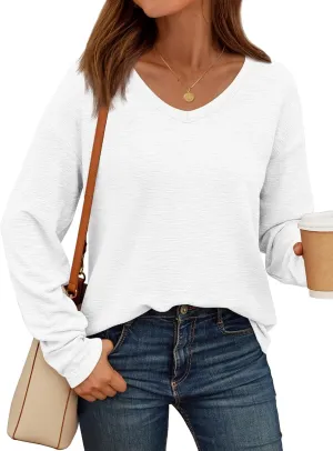 AUTOMET Women's Long Sleeve Oversized Tshirts V Neck 2025 Cotton Tops Lightweight Pullover Casual Basic Tees