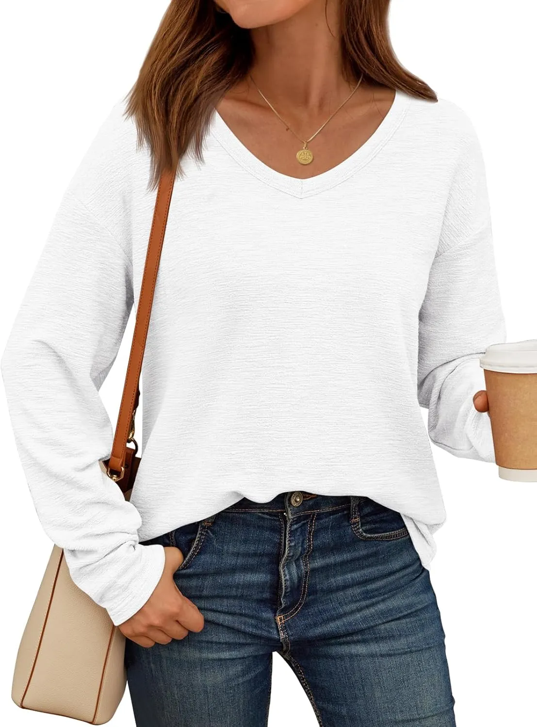 AUTOMET Women's Long Sleeve Oversized Tshirts V Neck 2025 Cotton Tops Lightweight Pullover Casual Basic Tees