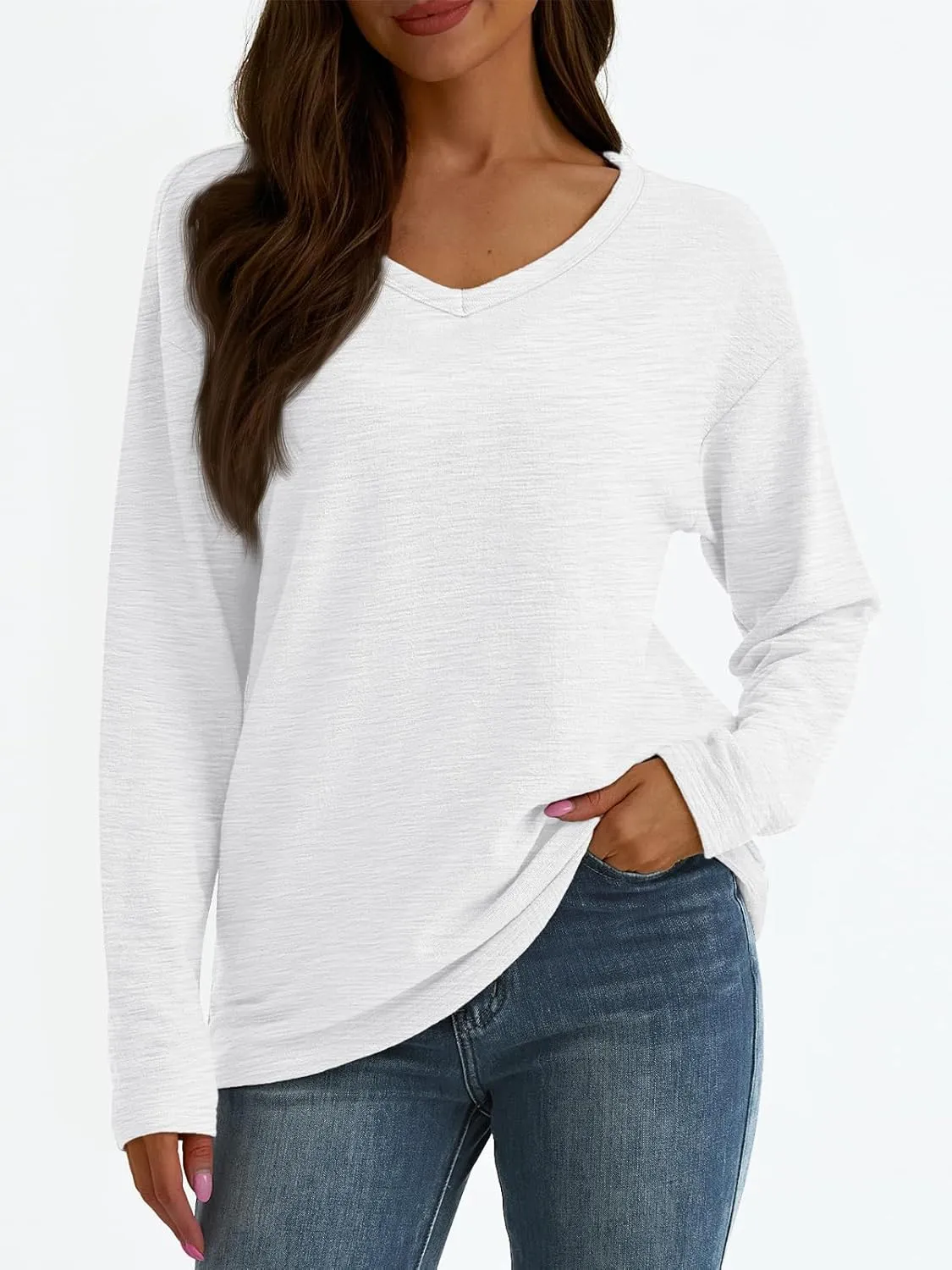 AUTOMET Women's Long Sleeve Oversized Tshirts V Neck 2025 Cotton Tops Lightweight Pullover Casual Basic Tees