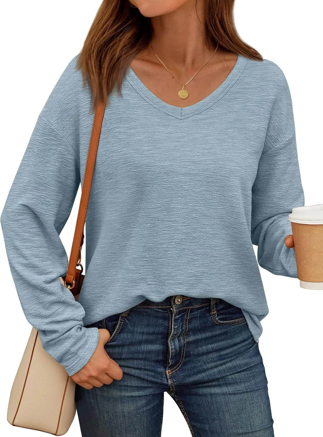 AUTOMET Women's Long Sleeve Oversized Tshirts V Neck 2025 Cotton Tops Lightweight Pullover Casual Basic Tees