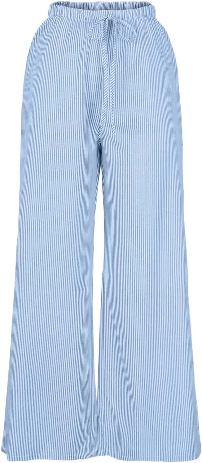 Baggy Wide Leg Pants Women High Waisted Drawstring Striped Straight Trousers Summer Flowy Casual Pant with Pockets