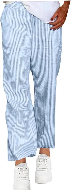 Baggy Wide Leg Pants Women High Waisted Drawstring Striped Straight Trousers Summer Flowy Casual Pant with Pockets