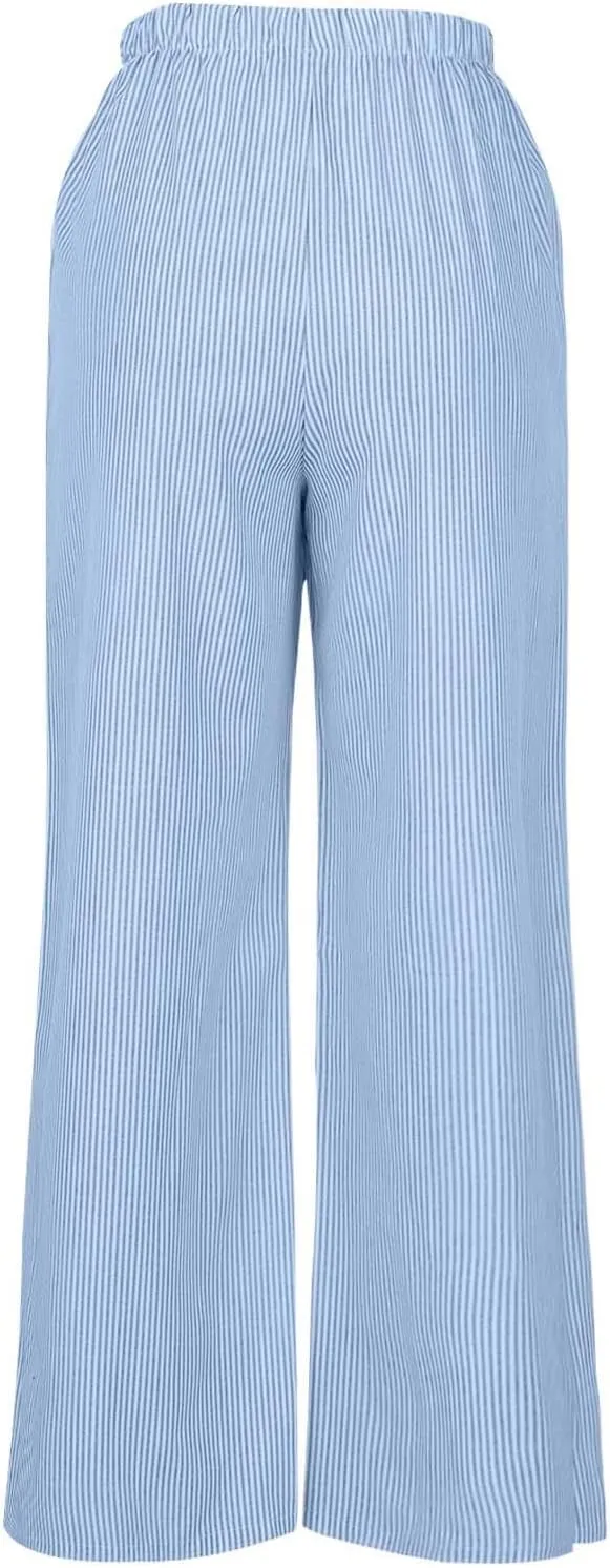 Baggy Wide Leg Pants Women High Waisted Drawstring Striped Straight Trousers Summer Flowy Casual Pant with Pockets