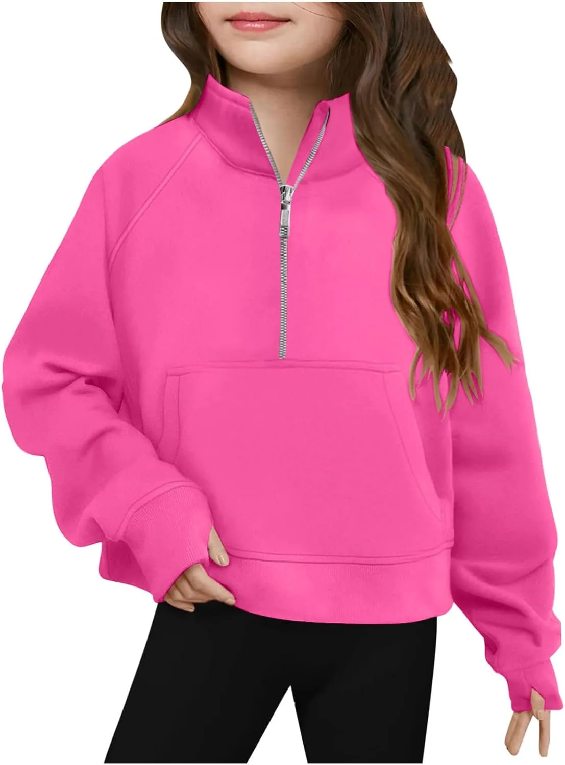 BOXIACEY Girls Half Zip Pullover Thumb Hole Cropped Sweatshirt Long Sleeve Sweatshirts Fleece Pullover with Pockets