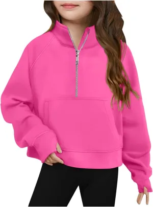 BOXIACEY Girls Half Zip Pullover Thumb Hole Cropped Sweatshirt Long Sleeve Sweatshirts Fleece Pullover with Pockets