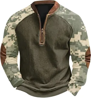 Camoflauge Quarter Zip Sweatshirt Men Plus Size Military Long Sleeve Fall Camouflage Pullover Sweatshirts
