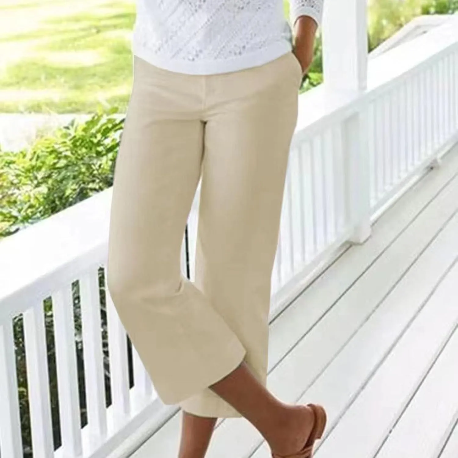 Capri Pants for Women Dressy Casual Stretch Summer 3/4 Length Trousers Wide Leg Cotton Linen Petite Cropped Pants