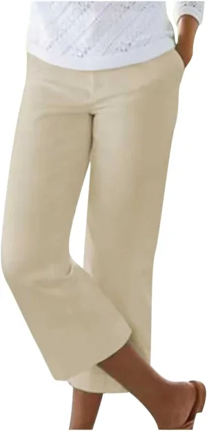 Capri Pants for Women Dressy Casual Stretch Summer 3/4 Length Trousers Wide Leg Cotton Linen Petite Cropped Pants