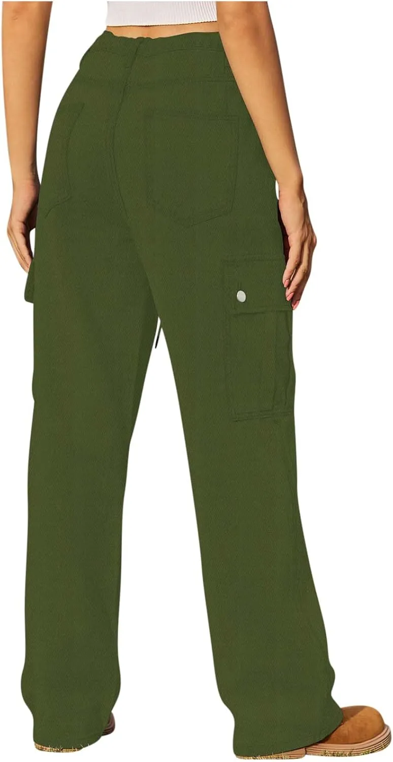 Cargo Jeans for Women Low Rise Drawstring Bootcut Jeans Pants Relax Fit Wide Leg Trousers Multi-Pocket Straight Jeans