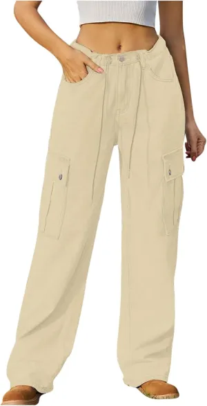 Cargo Jeans for Women Low Rise Drawstring Bootcut Jeans Pants Relax Fit Wide Leg Trousers Multi-Pocket Straight Jeans