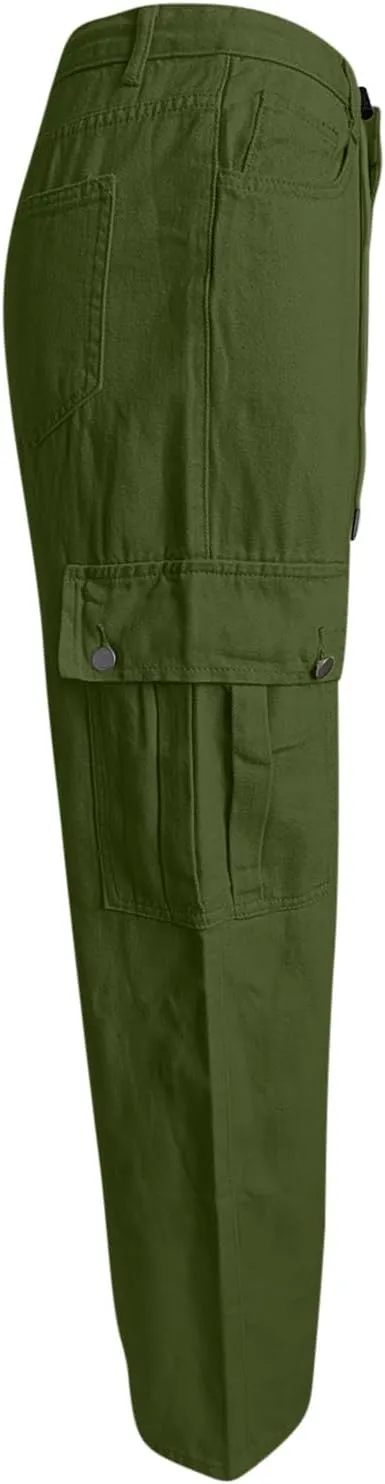 Cargo Jeans for Women Low Rise Drawstring Bootcut Jeans Pants Relax Fit Wide Leg Trousers Multi-Pocket Straight Jeans